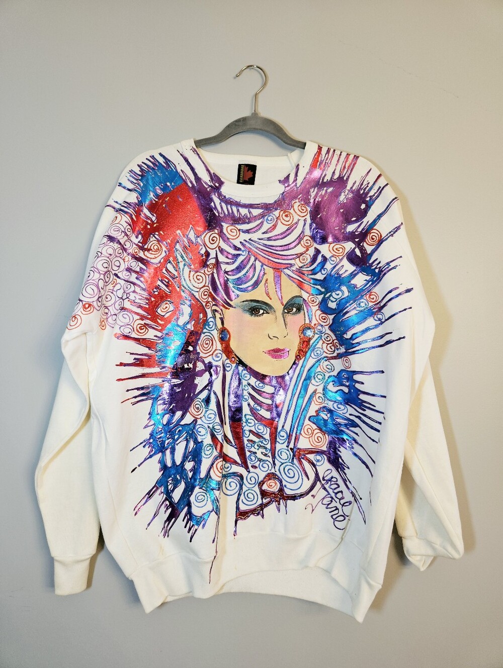 Vintage 80's Hand Painted Glitter Showgirl Sweatshirt One Size Handmade Top